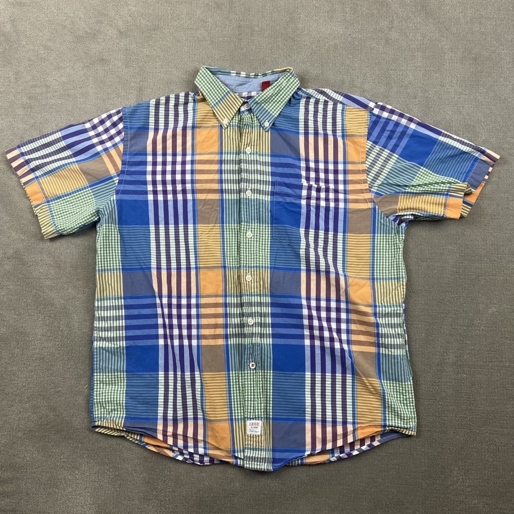IZOD Plaid Shirt Mens Large Short Sleeve Multi Color Patchwork Button Down Shirt